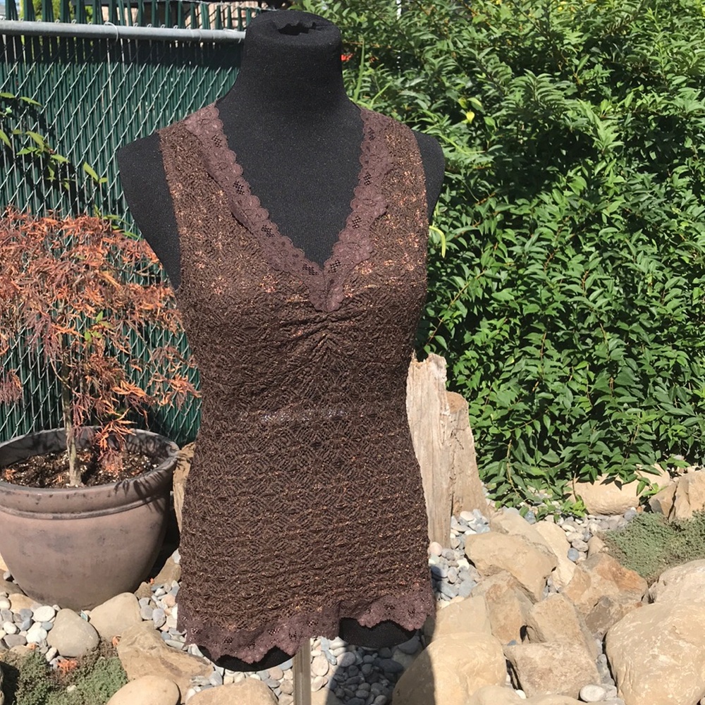 Boho brown stretch lace tank top